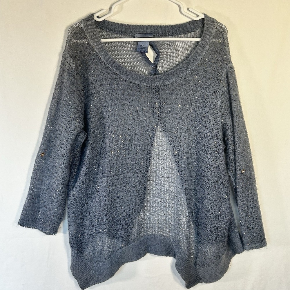 Soft Surroundings Grey Knit Sequin Open Net Sheer Pullover Sweater Size Small